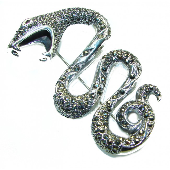 Large 2 1/2 inches long Cobra Snake genuine Marcasite .925 Sterling Silver handmade Pendant Brooch