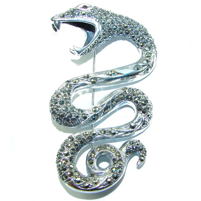 Large 2 1/2 inches long Cobra Snake genuine Marcasite .925 Sterling Silver handmade Pendant Brooch