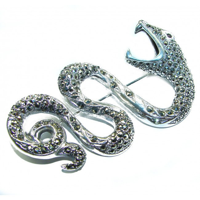 Large 2 1/2 inches long Cobra Snake genuine Marcasite .925 Sterling Silver handmade Pendant Brooch