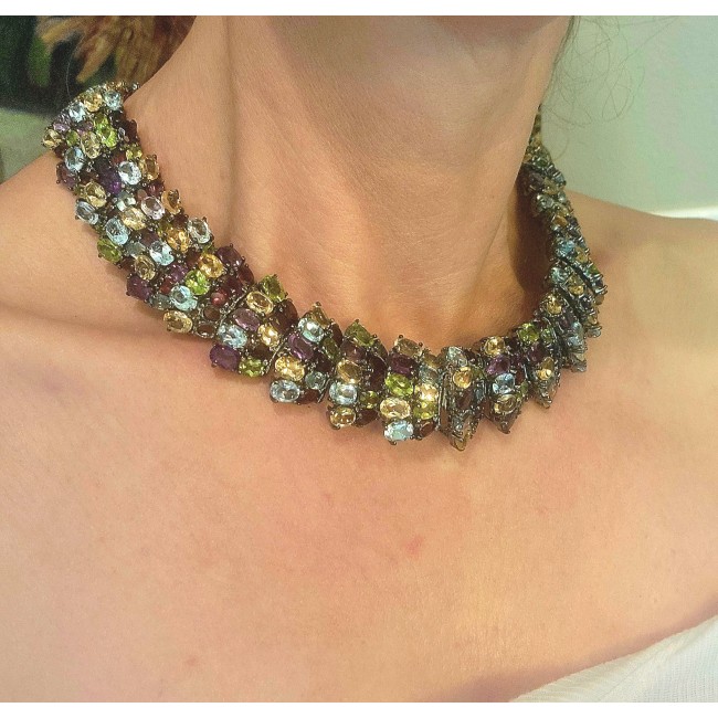 Penelope authentic 385 carat Authentic Multigems black rhodium over .925 Sterling Silver handcrafted Statement necklace