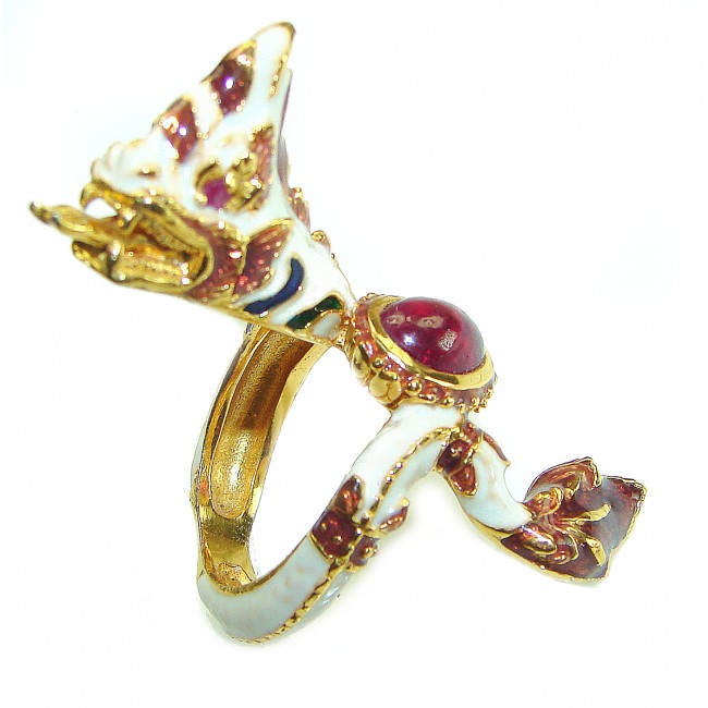 Dragon - symbolizes supernatural power- Enamel Ruby 18K Gold over .925 Sterling Silver Huge handcrafted Ring s. 6