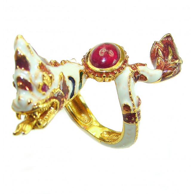 Dragon - symbolizes supernatural power- Enamel Ruby 18K Gold over .925 Sterling Silver Huge handcrafted Ring s. 6