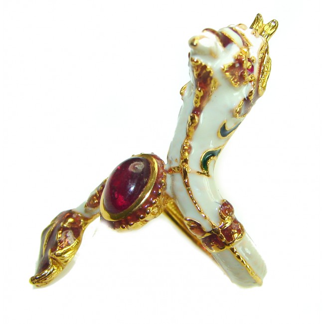 Dragon - symbolizes supernatural power- Enamel Ruby 18K Gold over .925 Sterling Silver Huge handcrafted Ring s. 6