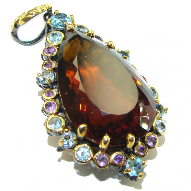 Luxurious 55.5 carat Fancy Smoky Topaz 14K Gold over .925 Sterling Silver handmade Large Pendant