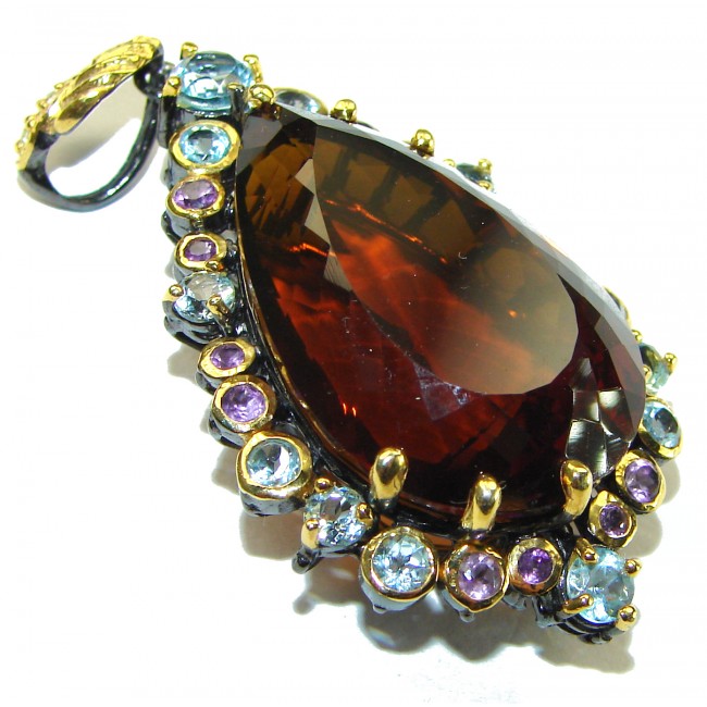 Luxurious 55.5 carat Fancy Smoky Topaz 14K Gold over .925 Sterling Silver handmade Large Pendant