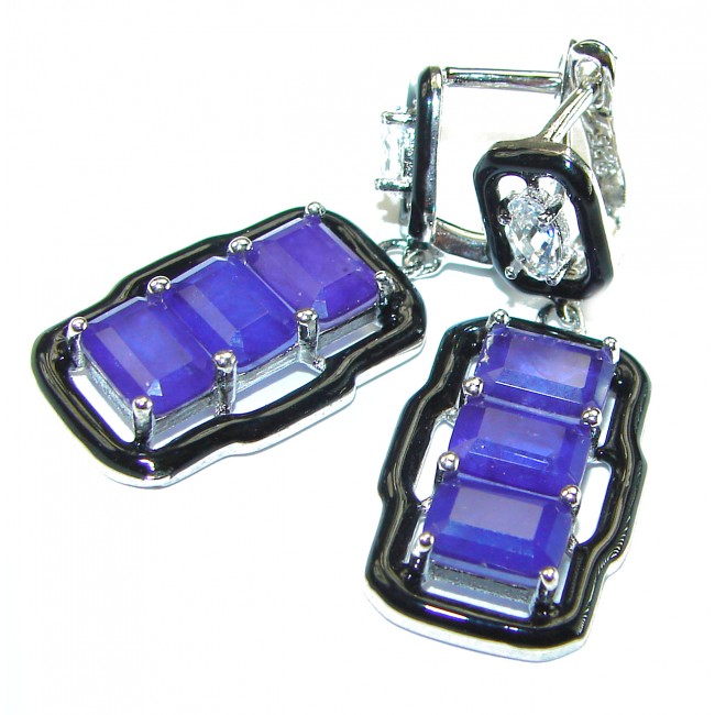 Art Deco Sapphire black enamel .925 Sterling Silver handcrafted earrings