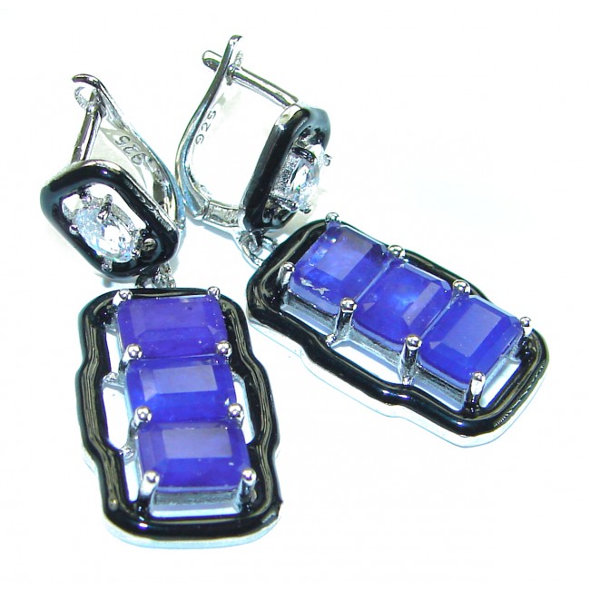 Art Deco Sapphire black enamel .925 Sterling Silver handcrafted earrings