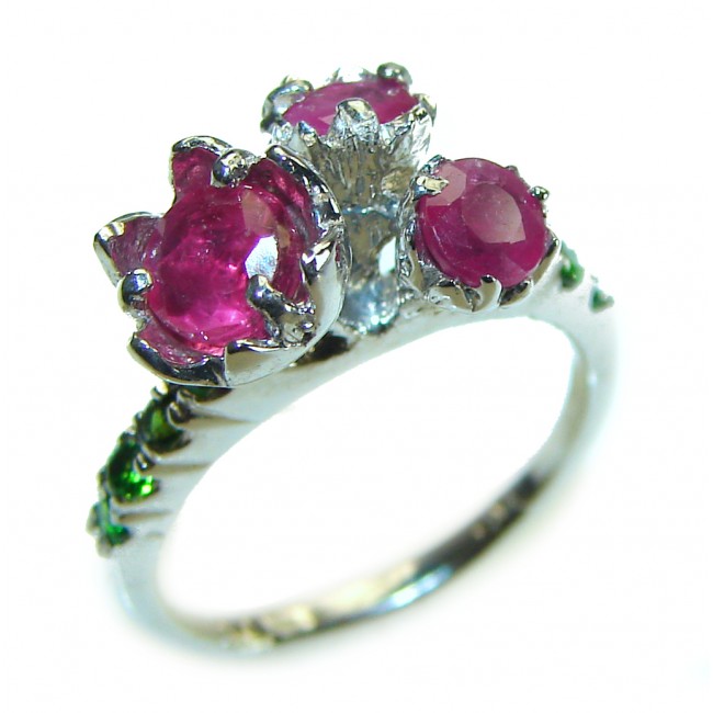 Three Roses 4.8 carat Ruby .925 Sterling Silver handcrafted ring; s. 5 3/4