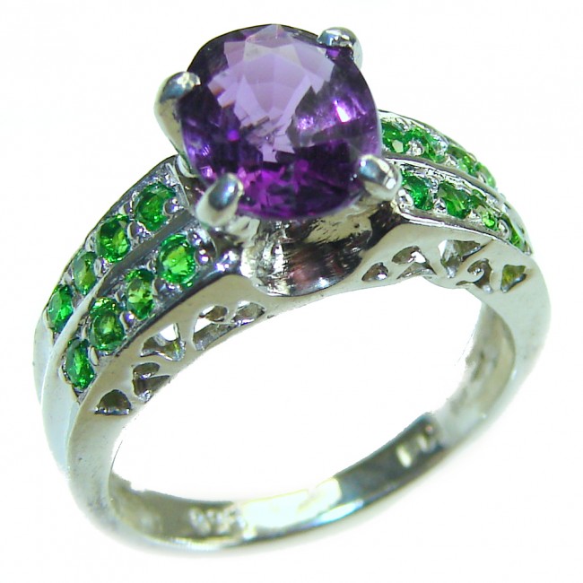 Authentic 2.2 carat Amethyst Emerald .925 Sterling Silver handmade Cocktail Ring s. 5 1/4