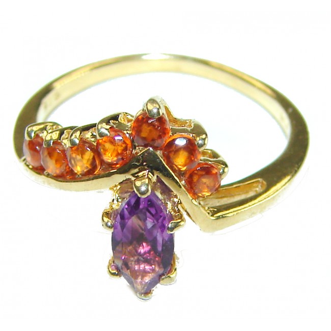 Authentic 1.8 carat Amethyst orange Sapphire 14K Gold over .925 Sterling Silver handmade Cocktail Ring s. 7 1/4