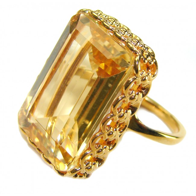 27.8 carat Genuine Lemon Quartz 14K Gold over .925 Sterling Silver handcrafted ring size 9 1/4