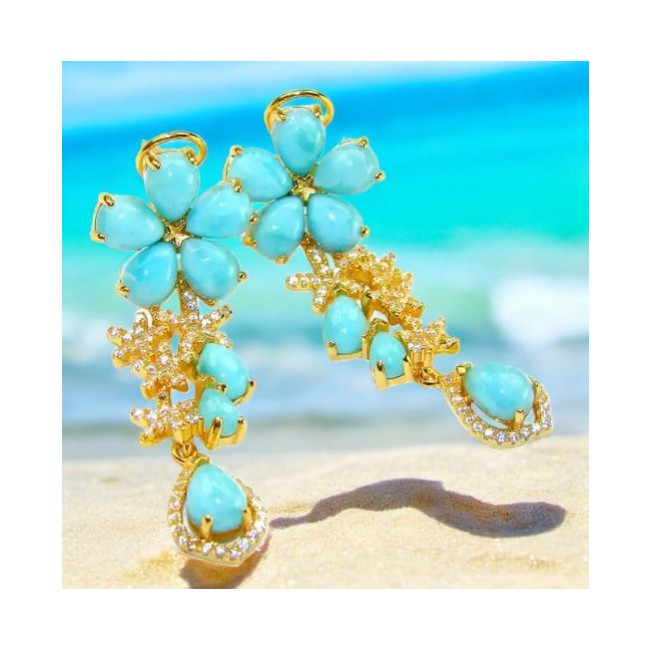 Caribbean Treasure Genuine Blue Larimar 18K Gold over .925 Sterling Silver handmade earrings