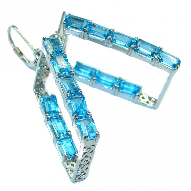 Long modern desogn Genuine Swiss Blue Topaz .925 Sterling Silver handcrafted earrings