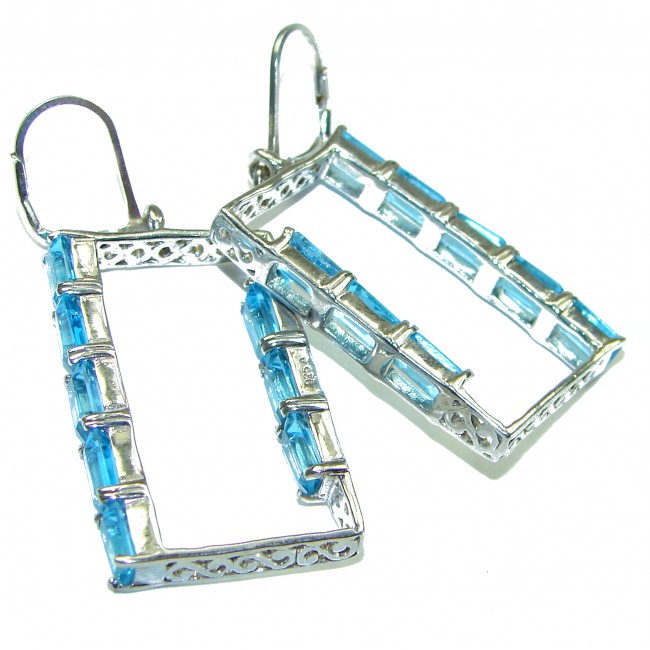 Long modern desogn Genuine Swiss Blue Topaz .925 Sterling Silver handcrafted earrings