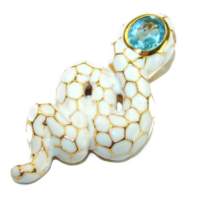 INCREDIBLE Natural Swiss Blue Topaz Enamel Snake 18K Gold over .925 Sterling Silver Pendant