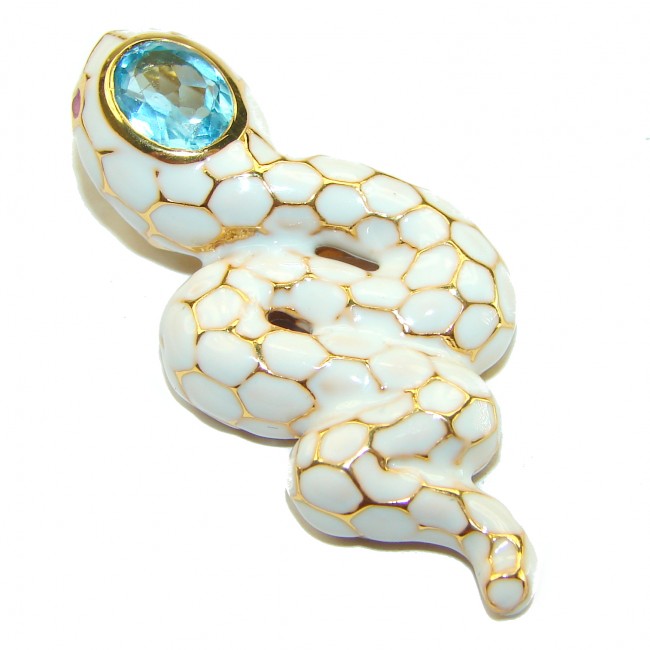 INCREDIBLE Natural Swiss Blue Topaz Enamel Snake 18K Gold over .925 Sterling Silver Pendant