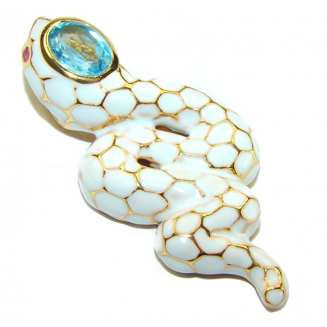 INCREDIBLE Natural Swiss Blue Topaz Enamel Snake 18K Gold over .925 Sterling Silver Pendant