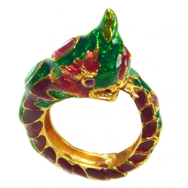 Dragon - symbolizes supernatural power- Enamel Ruby 18K Gold over .925 Sterling Silver Huge handcrafted Ring s. 8 1/4