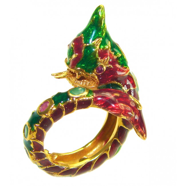 Dragon - symbolizes supernatural power- Enamel Ruby 18K Gold over .925 Sterling Silver Huge handcrafted Ring s. 8 1/4