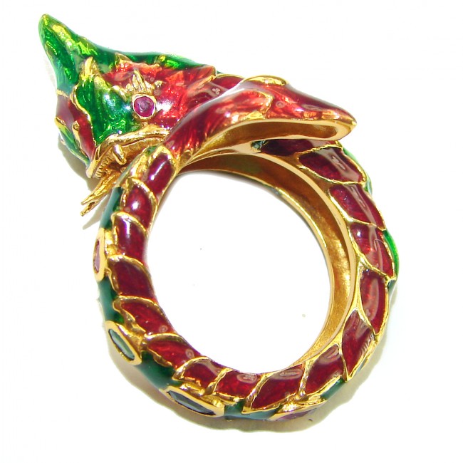 Dragon - symbolizes supernatural power- Enamel Ruby 18K Gold over .925 Sterling Silver Huge handcrafted Ring s. 8 1/4