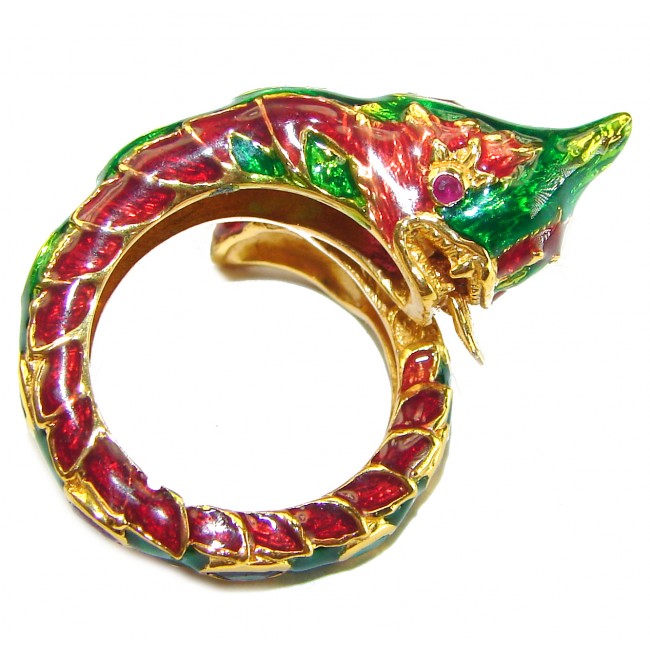 Dragon - symbolizes supernatural power- Enamel Ruby 18K Gold over .925 Sterling Silver Huge handcrafted Ring s. 8 1/4