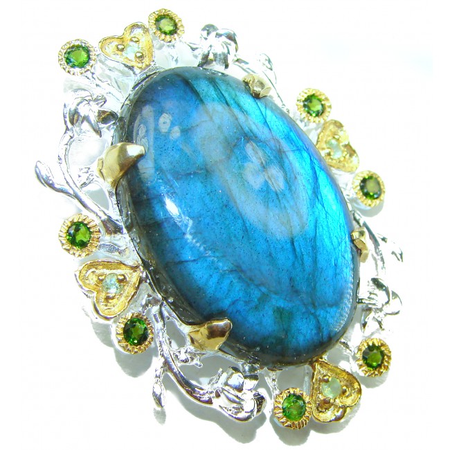 Magical Aurora Fire Labradorite 2 tones .925 Sterling Silver handcrafted Pendant