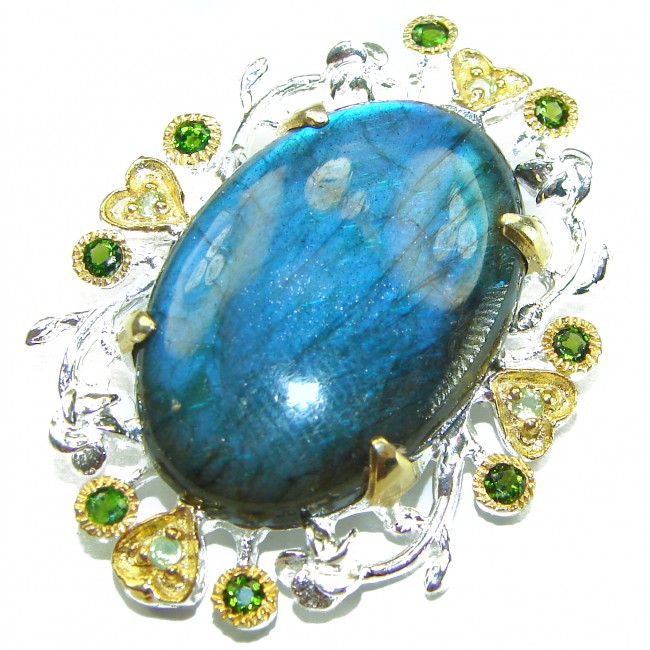 Magical Aurora Fire Labradorite 2 tones .925 Sterling Silver handcrafted Pendant