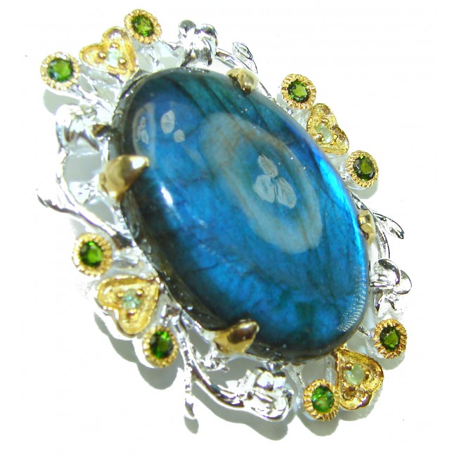 Magical Aurora Fire Labradorite 2 tones .925 Sterling Silver handcrafted Pendant