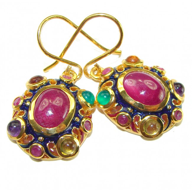 Vintage Design Genuine Ruby Enamel 18K Gold over .925 Sterling Silver handmade earrings