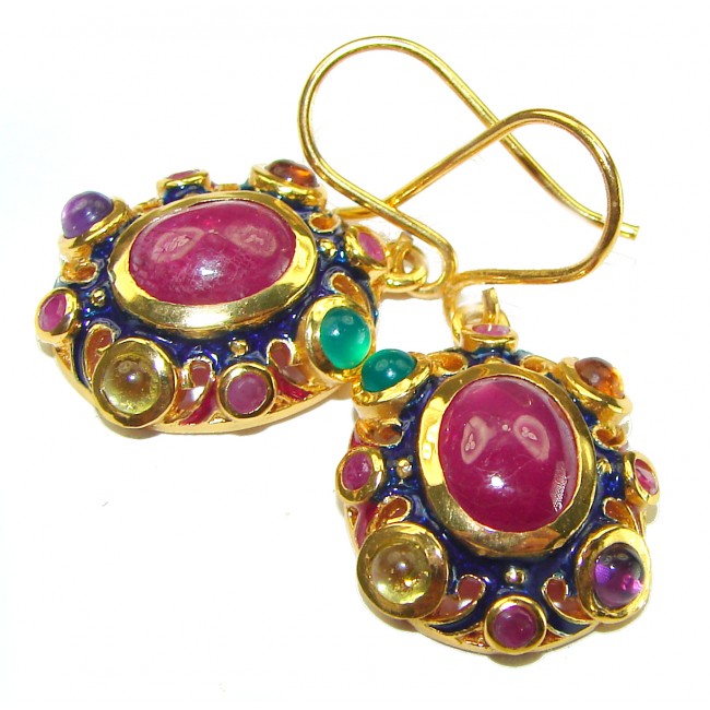 Vintage Design Genuine Ruby Enamel 18K Gold over .925 Sterling Silver handmade earrings