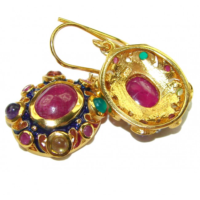 Vintage Design Genuine Ruby Enamel 18K Gold over .925 Sterling Silver handmade earrings