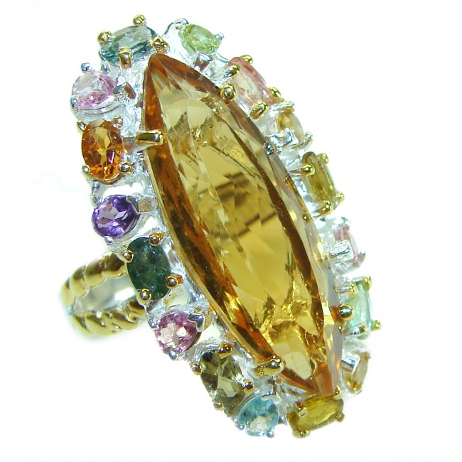 Huge 25.8 carat Genuine Lemon Quartz 14K Gold over over .925 Sterling Silver handcrafted ring size 8 1/2