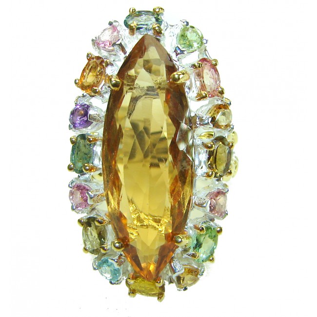 Huge 25.8 carat Genuine Lemon Quartz 14K Gold over over .925 Sterling Silver handcrafted ring size 8 1/2