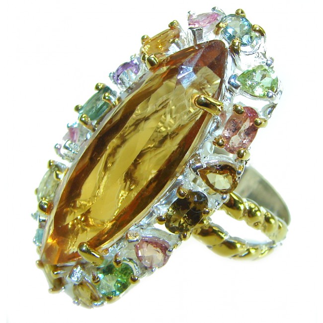 Huge 25.8 carat Genuine Lemon Quartz 14K Gold over over .925 Sterling Silver handcrafted ring size 8 1/2