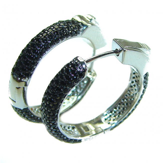 Precious genuine Black Spinel .925 Sterling Silver hoop earrings