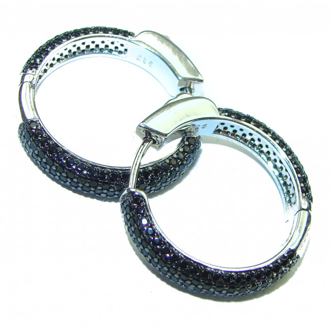 Precious genuine Black Spinel .925 Sterling Silver hoop earrings