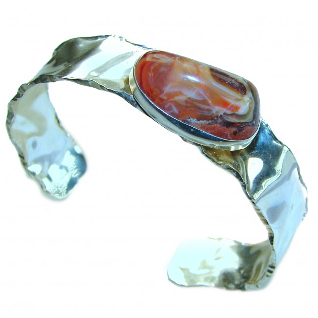 Mexican Fire Opal hammered .925 Sterling Silver handcrafted Bracelet / Cuff