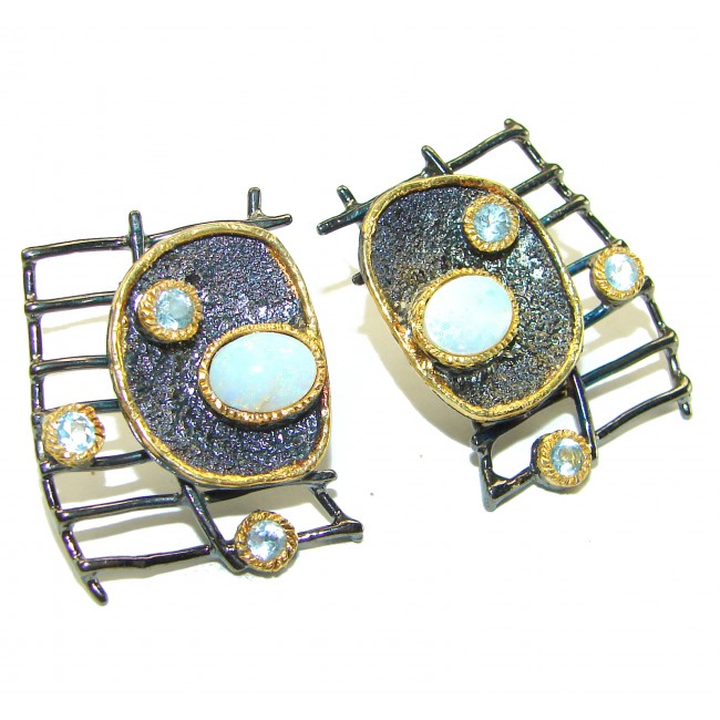 Vintage Style Authentic Australian Opal black rhodium over .925 Sterling Silver handcrafted earrings