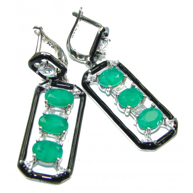 Art Deco Emerald black enamel .925 Sterling Silver handcrafted earrings