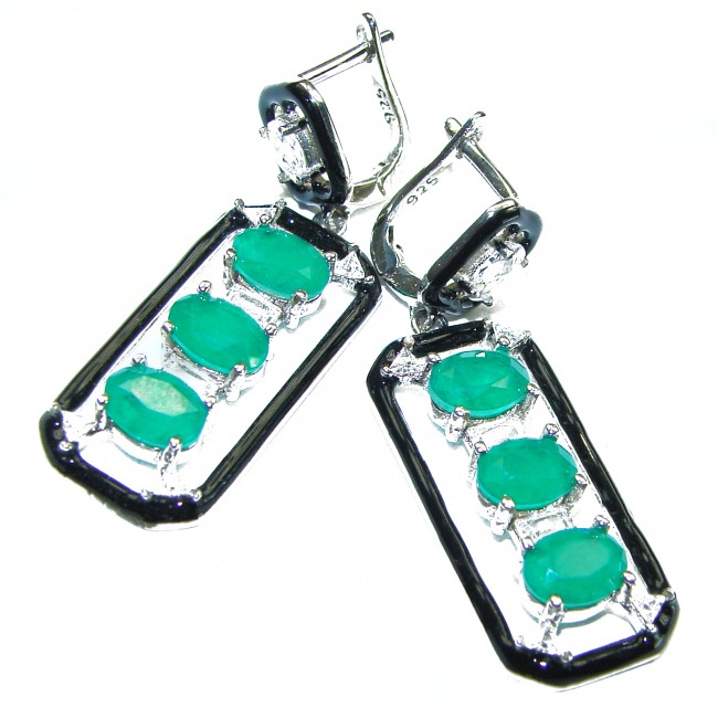 Art Deco Emerald black enamel .925 Sterling Silver handcrafted earrings