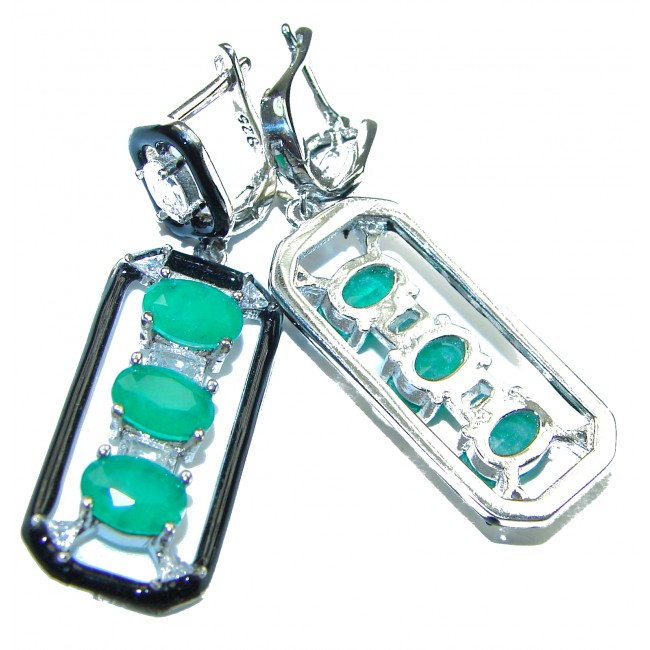 Art Deco Emerald black enamel .925 Sterling Silver handcrafted earrings