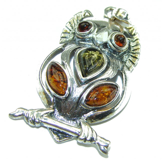 Huge Owl Natural Baltic Amber .925 Sterling Silver handmade Pendant