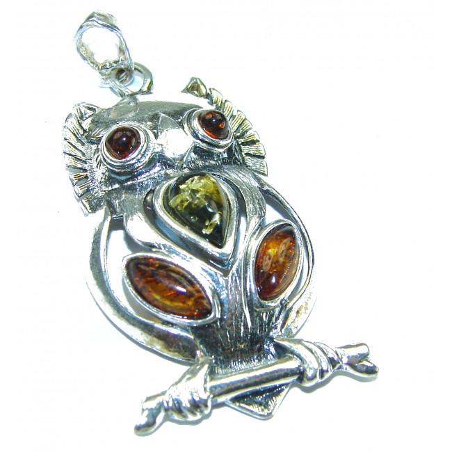 Huge Owl Natural Baltic Amber .925 Sterling Silver handmade Pendant