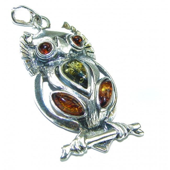 Huge Owl Natural Baltic Amber .925 Sterling Silver handmade Pendant