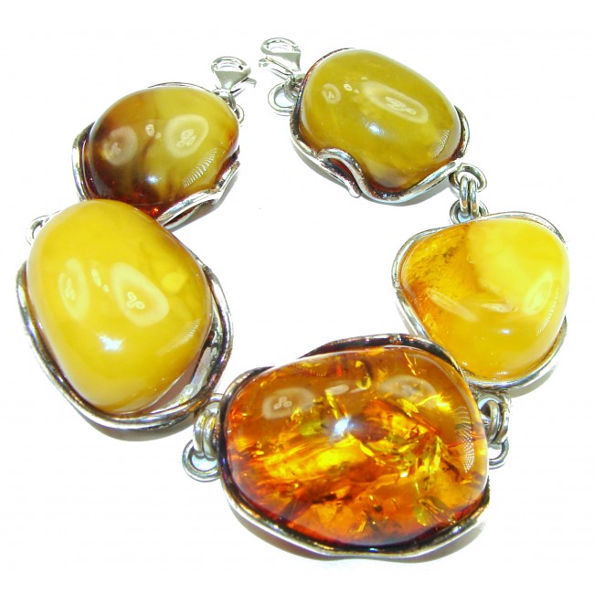 Large Bohemian Style Genuine Multi-color Baltic Amber .925 Sterling Silver handcrafted Bracelet