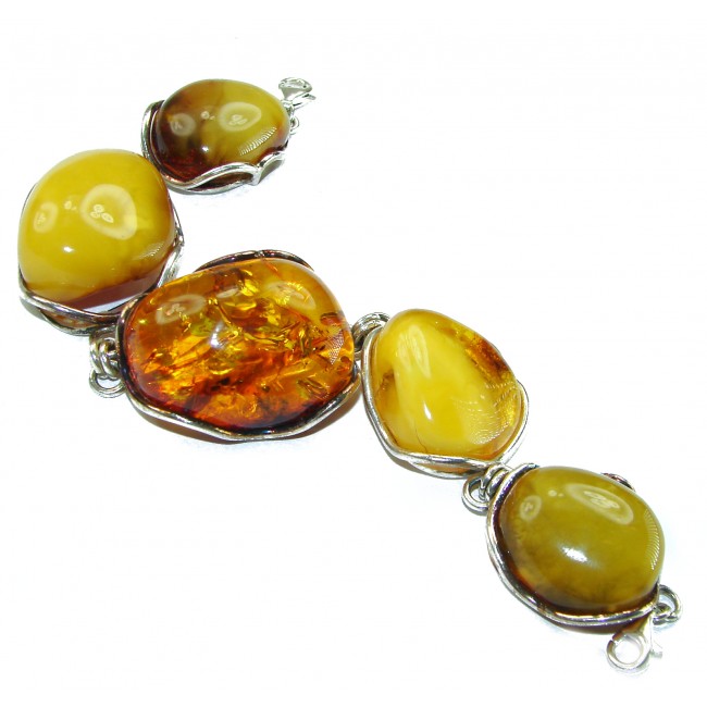 Large Bohemian Style Genuine Multi-color Baltic Amber .925 Sterling Silver handcrafted Bracelet