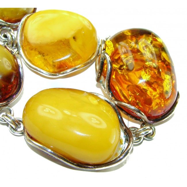 Large Bohemian Style Genuine Multi-color Baltic Amber .925 Sterling Silver handcrafted Bracelet