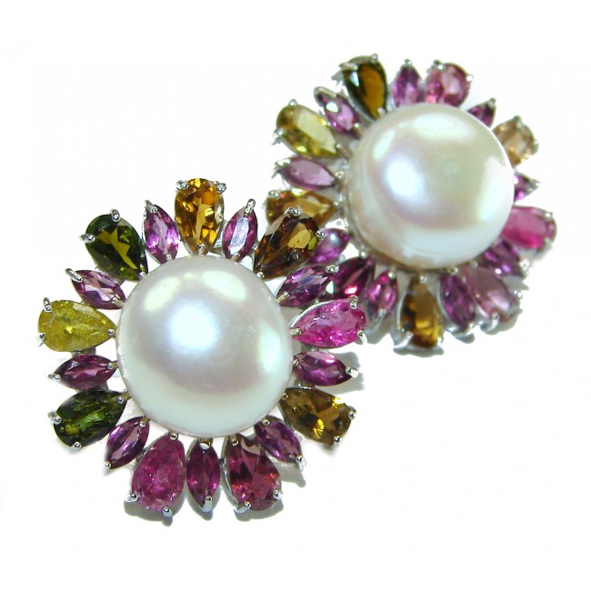 Floral Design Pearl Watermelon Tourmaline .925 Sterling Silver handcrafted earrings