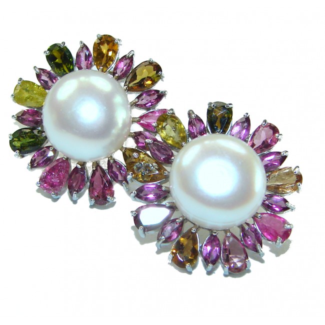 Floral Design Pearl Watermelon Tourmaline .925 Sterling Silver handcrafted earrings