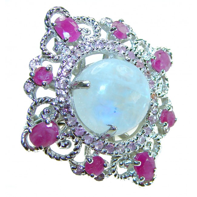 Vintage Style Rainbow Moonstone Ruby .925 Sterling Silver handmade Cocktail Ring s. 7 3/4